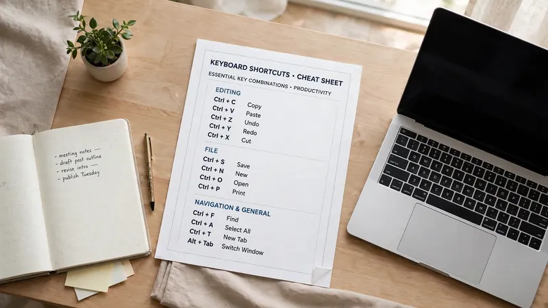 Printed keyboard shortcuts cheat sheet on a desk with a laptop