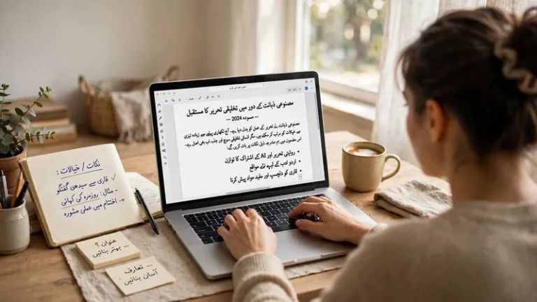 Laptop showing an Urdu keyboard special characters reference chart