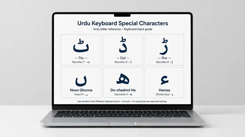 Writer typing an Urdu article draft on a laptop