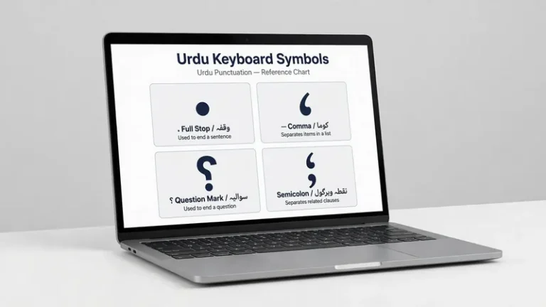 Laptop showing an Urdu keyboard symbols punctuation reference chart