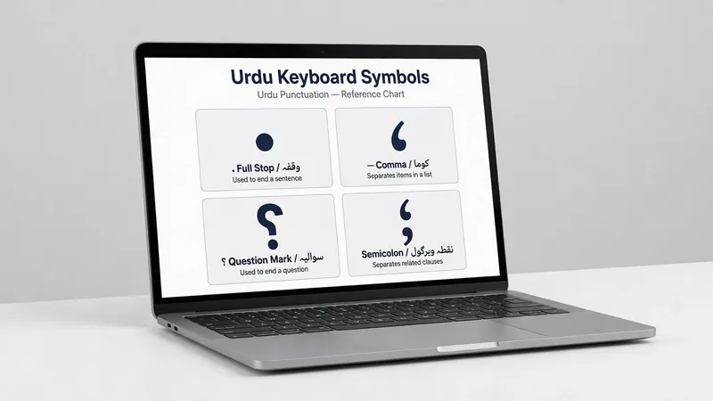 Laptop showing an Urdu keyboard symbols punctuation reference chart