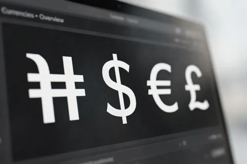 Screen showing Pakistani rupee symbol with dollar euro and pound symbols