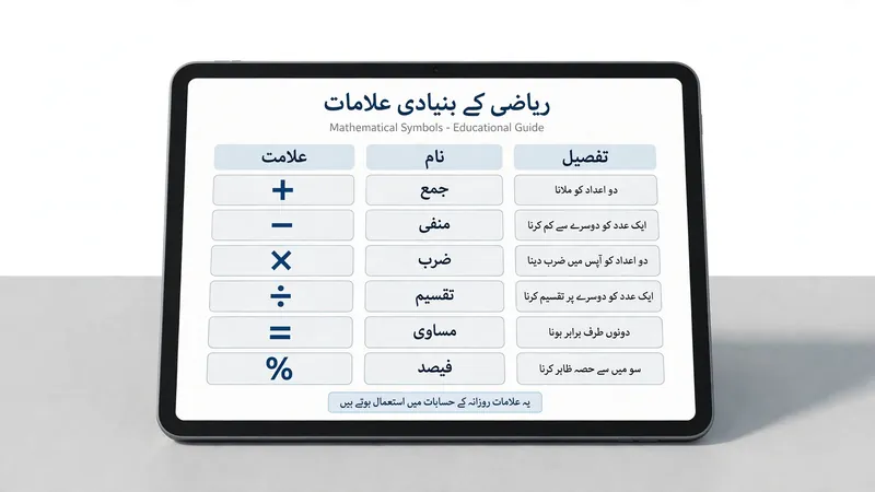 Tablet showing mathematical symbols with Urdu labels in an educational chart