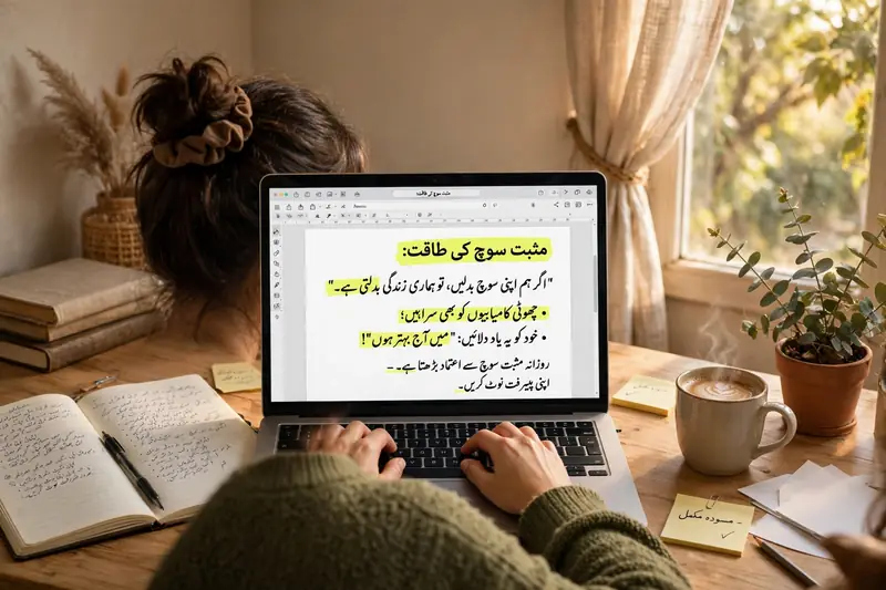Person typing an Urdu document with quotation marks on a laptop