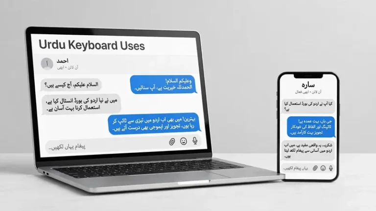 Laptop and phone showing Urdu keyboard uses in messaging apps