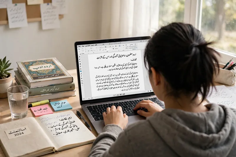 Student using an Urdu keyboard to write an assignment on a laptop