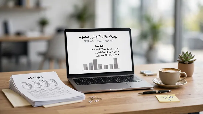 Office desk with a laptop showing a business report written in Urdu