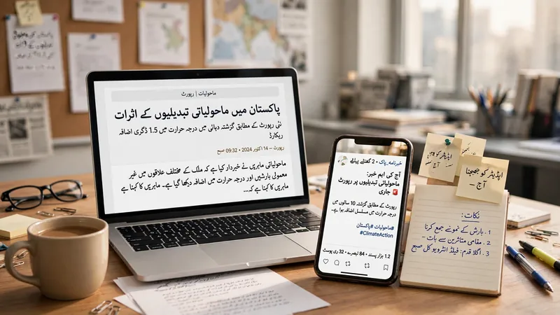 Journalist desk with laptop and phone showing Urdu news and social media