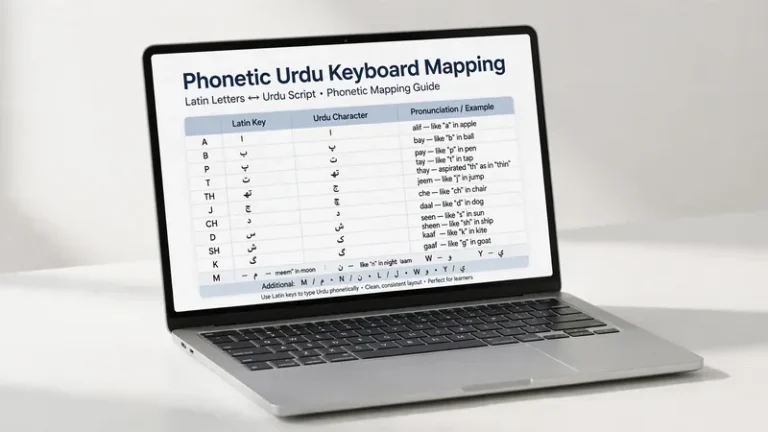 Laptop showing Urdu phonetic keyboard mapping chart of Latin letters to Urdu characters