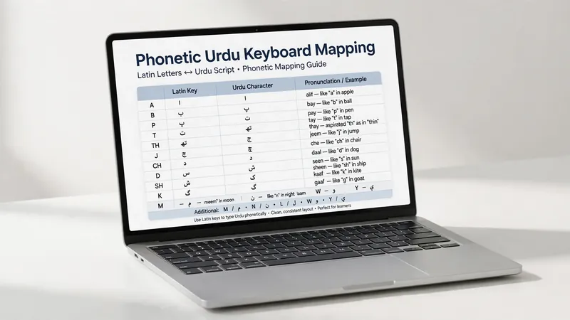 Laptop showing Urdu phonetic keyboard mapping chart of Latin letters to Urdu characters