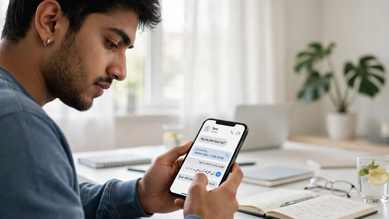 Man typing Roman Urdu on smartphone converting to Urdu script