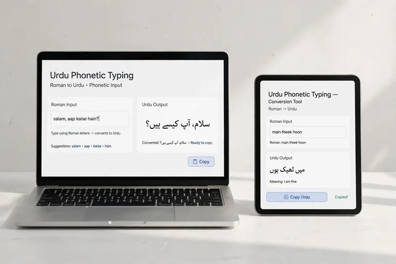 Laptop and tablet showing Urdu phonetic typing interfaces with Roman to Urdu conversion