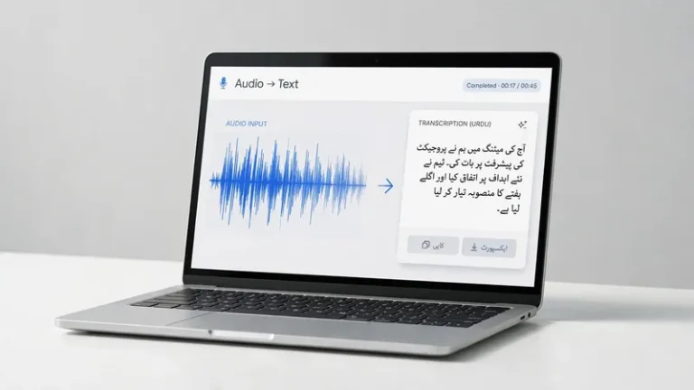 Laptop converting Urdu audio waveform into Urdu text transcription