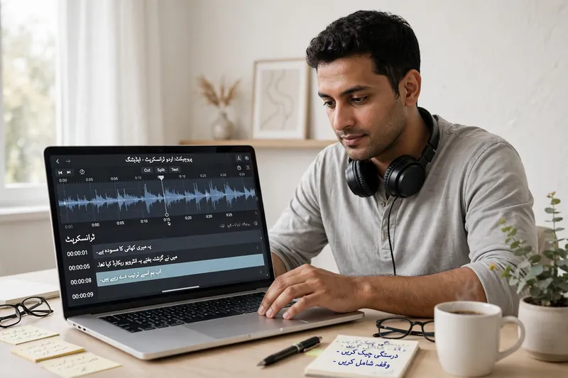 Man editing Urdu speech to text transcript on laptop with headphones