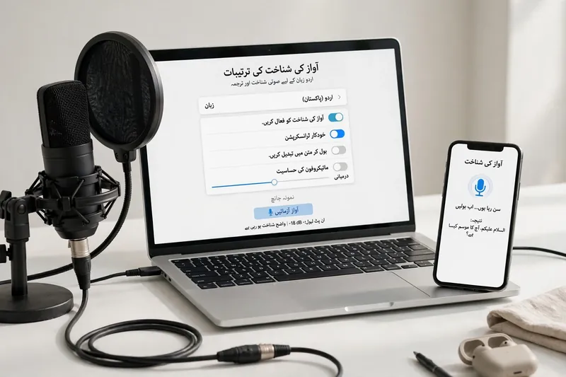 Microphone with Urdu speech recognition settings on laptop and smartphone