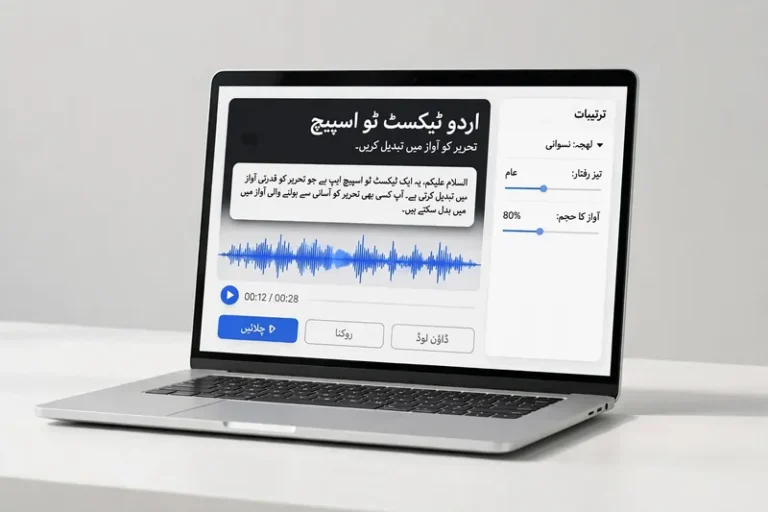 Urdu Text to Speech tool converting Urdu text into natural AI voice on a laptop