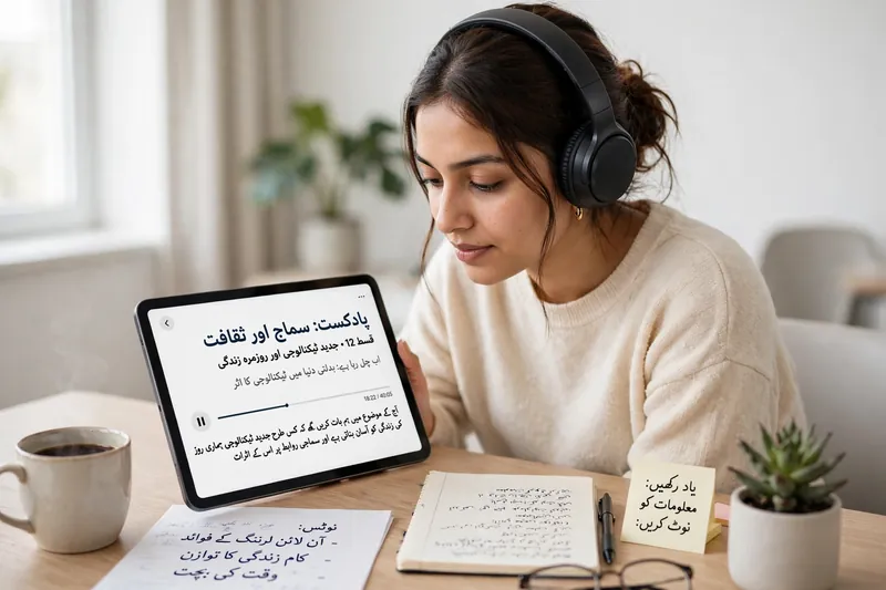 Woman listening to Urdu text to speech audio on a tablet with headphones