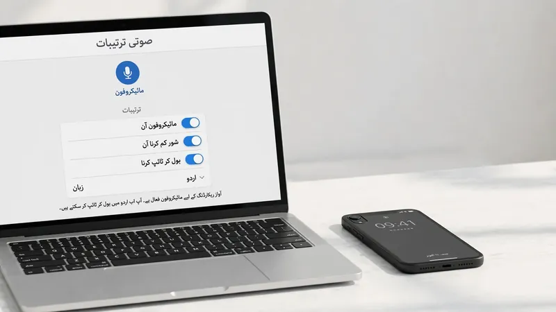 Urdu text to speech voice settings panel on laptop with smartphone
