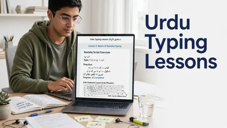 Student learning Urdu typing lessons on a laptop