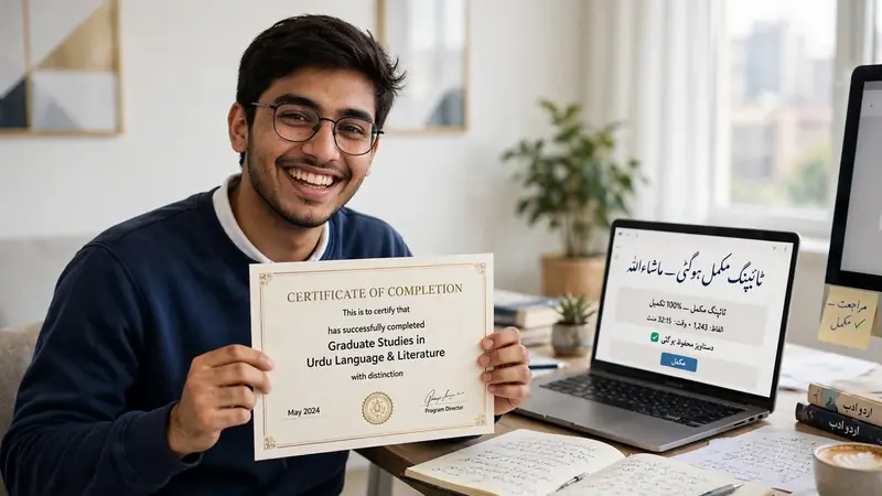 Graduate celebrating completion of Urdu typing lessons