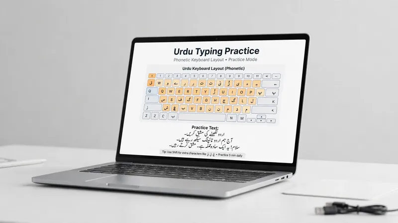 Laptop showing an Urdu typing practice screen with phonetic keyboard layout