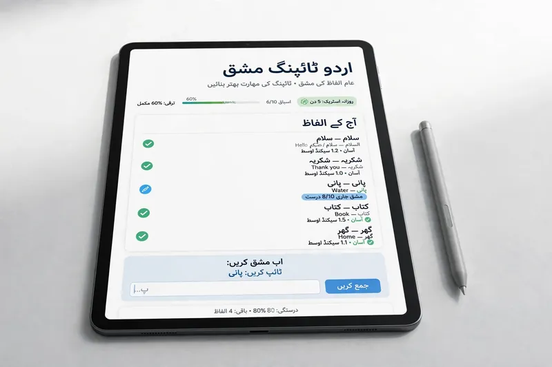 Tablet showing an Urdu typing practice app with common practice words