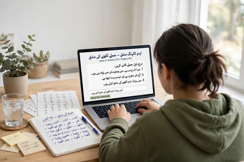 Student practicing Urdu typing exercises on a laptop at a desk