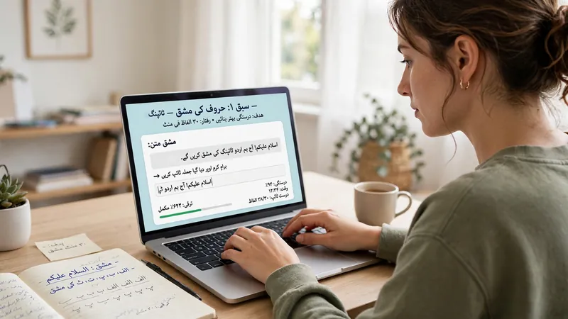 Woman practicing Urdu typing lesson on laptop in study room