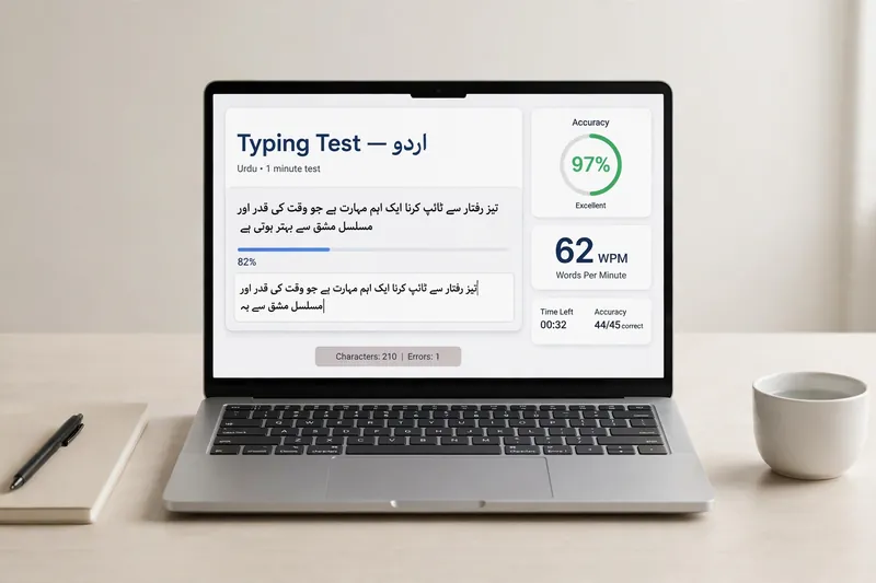 Laptop showing Urdu typing test interface with WPM score and accuracy