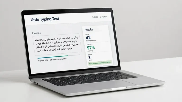 Urdu typing test on a laptop showing WPM speed and accuracy results