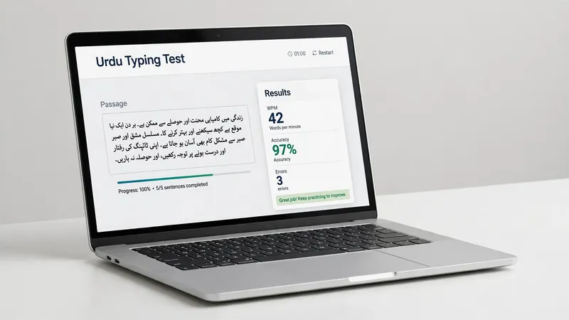 Urdu typing test on a laptop showing WPM speed and accuracy results