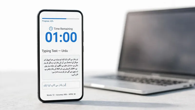 Mobile phone showing an Urdu typing test with a countdown timer