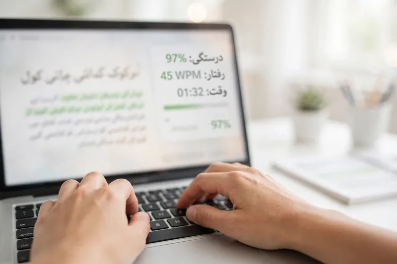 Hands typing on a laptop during an Urdu typing test with accuracy statistics on screen