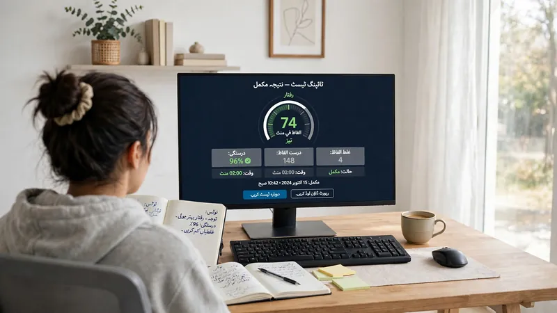 Person viewing Urdu typing test results on a desktop monitor