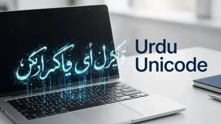 Urdu Unicode glowing calligraphy over a laptop keyboard
