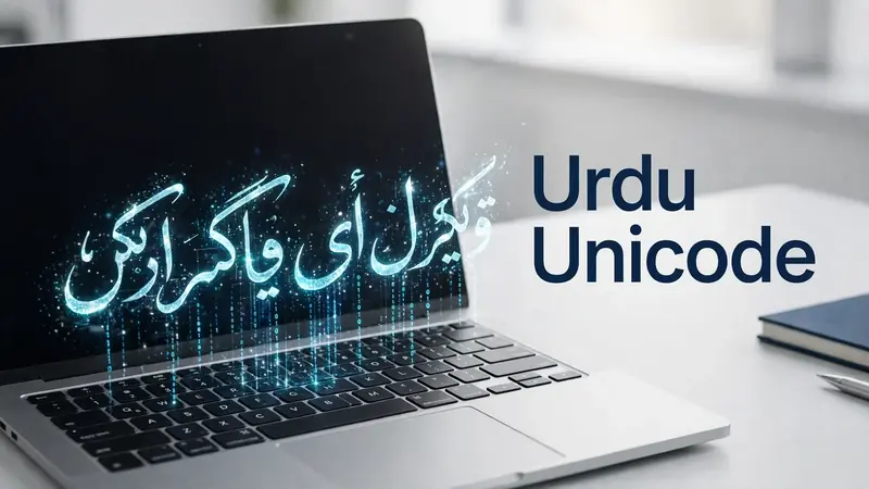 Urdu Unicode glowing calligraphy over a laptop keyboard