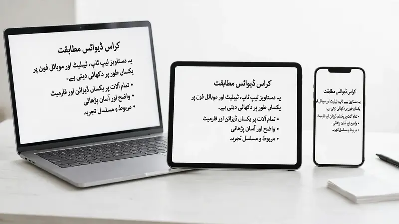 Laptop tablet and smartphone showing the same Urdu Unicode text