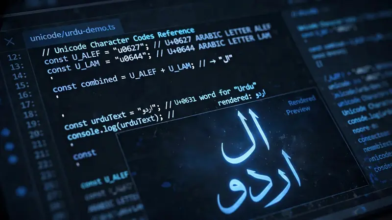 Unicode character codes U+0627 and U+0644 for Urdu letters