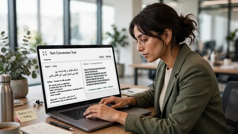 Person using the Urdu Unicode converter on a laptop
