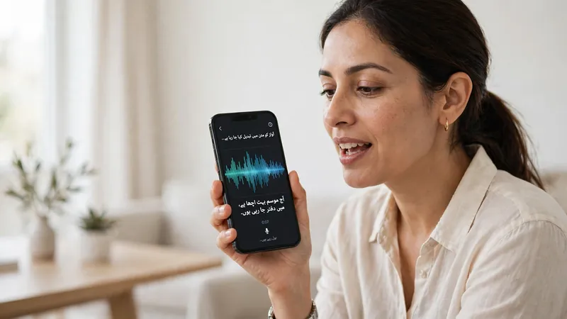 Woman using Urdu voice typing on smartphone with Urdu text on screen