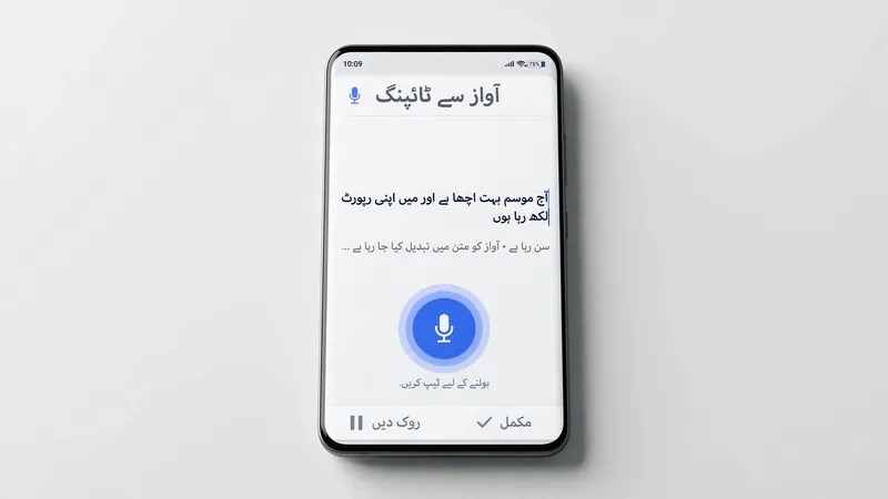 Smartphone showing Urdu voice typing interface with microphone button
