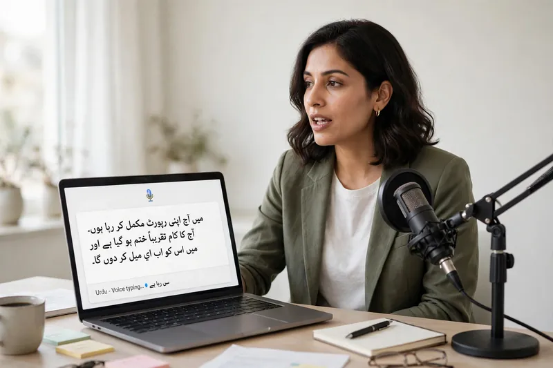 Woman speaking into microphone for accurate Urdu voice typing on laptop