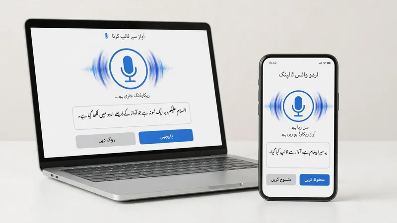 Laptop and smartphone showing Urdu voice typing interfaces side by side