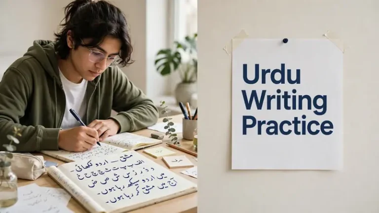 Student doing Urdu writing practice in a notebook