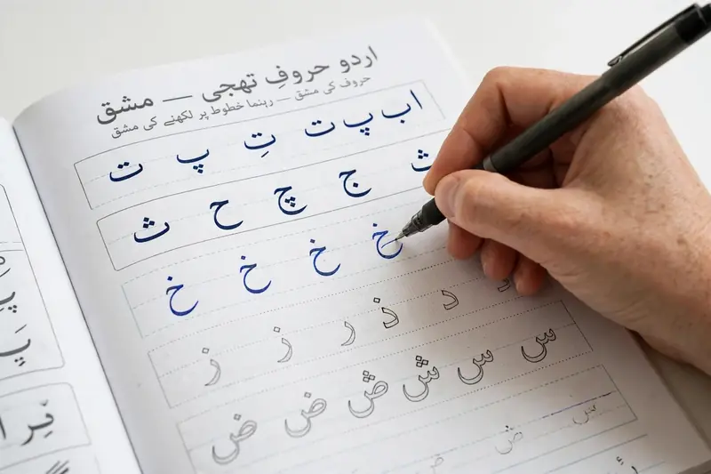 Practicing Urdu alphabet letters in a writing workbook