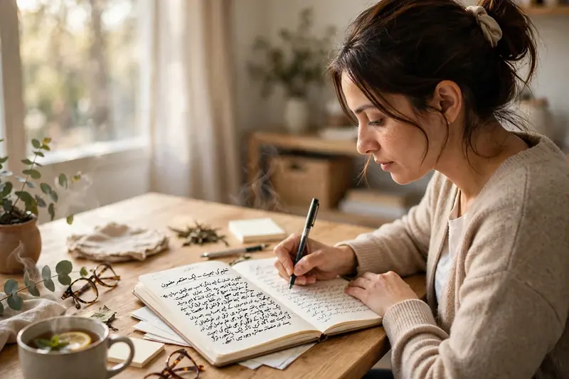 Woman writing an Urdu essay during writing practice
